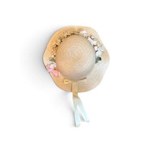 Vintage Girls Straw Easter Hat Floral Ribbon Church Tea Party Dress Up